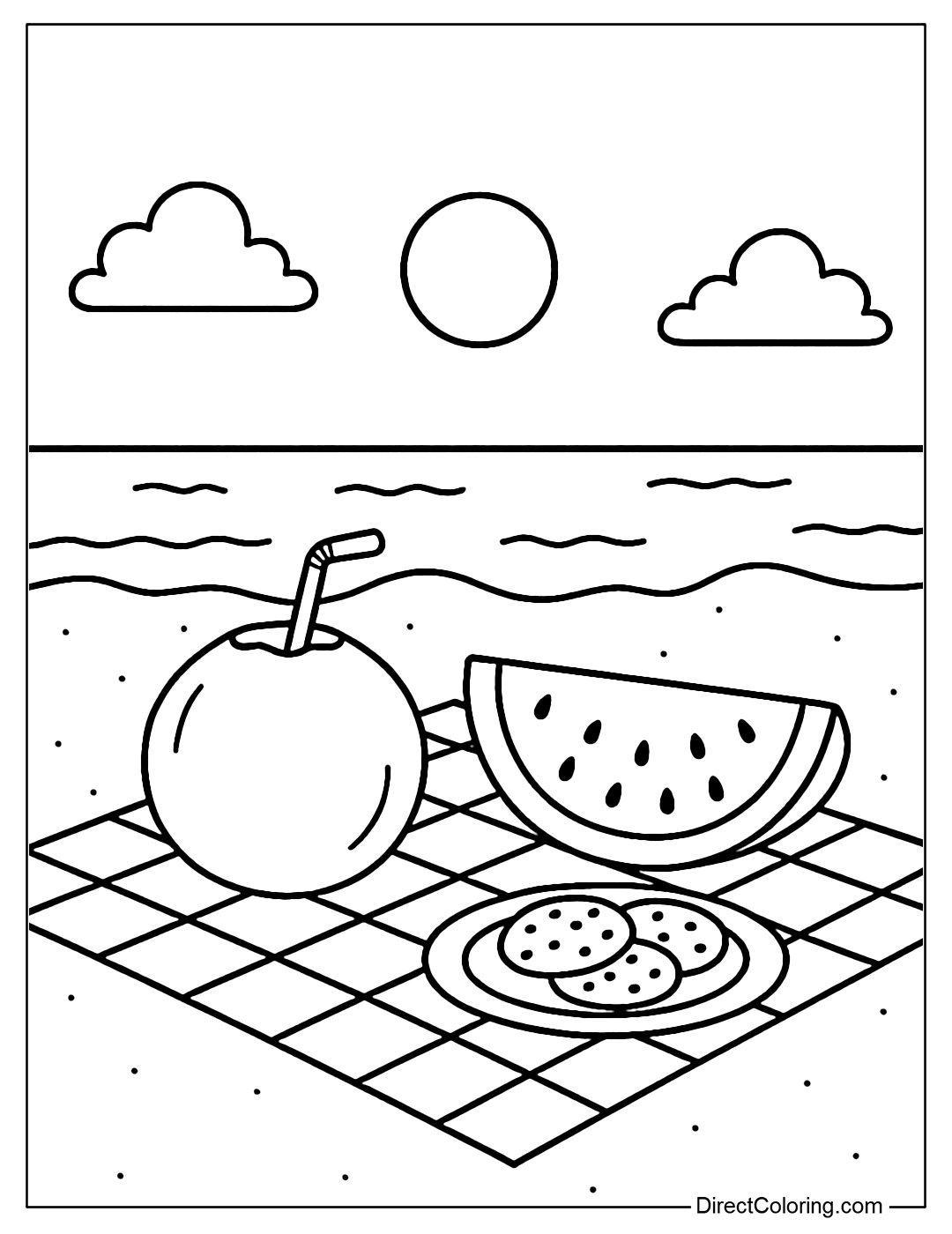 Beach picnic coloring page with coconut water, watermelon and cookies.